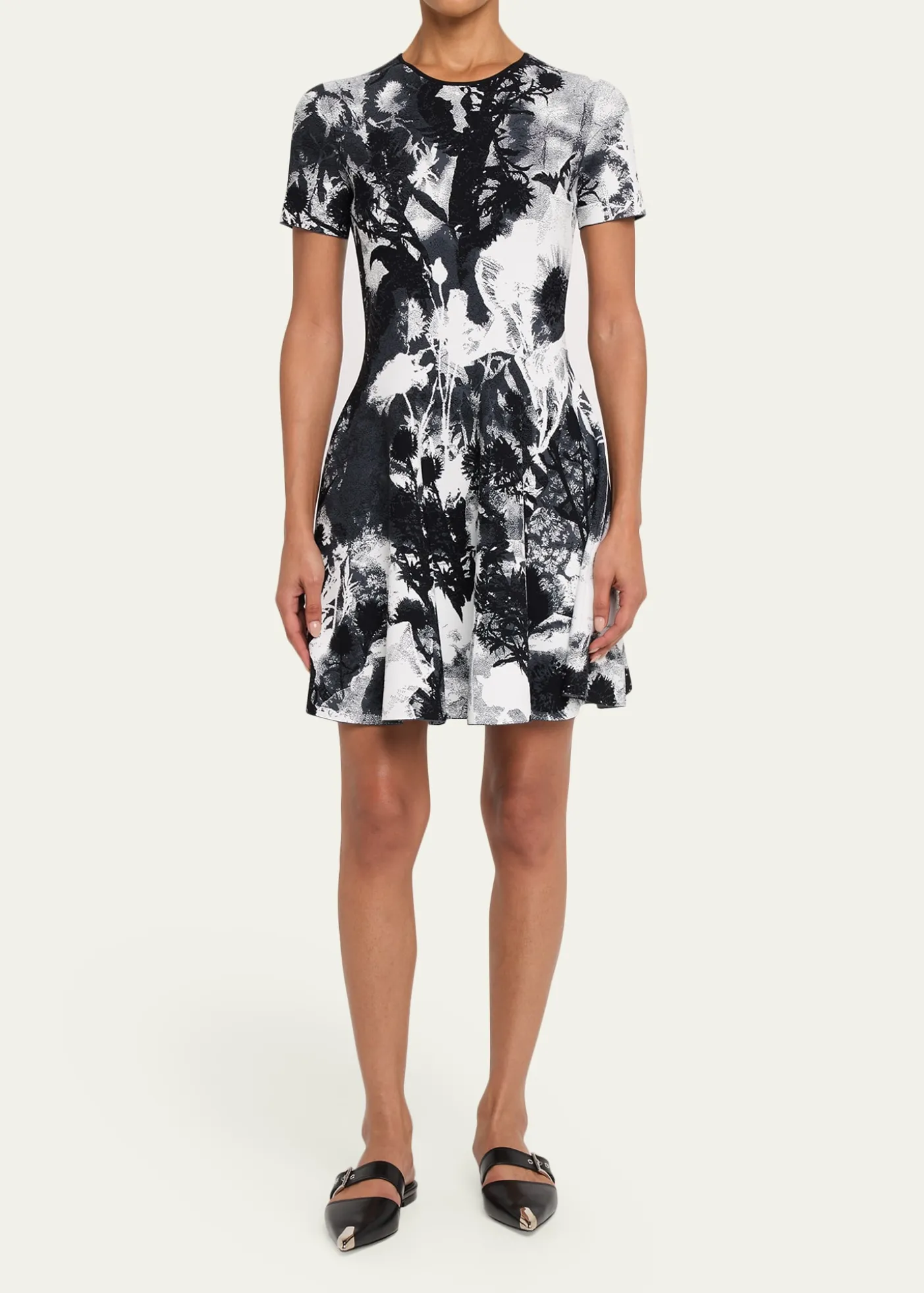 McQueenFloral Jacquard Short-Sleeve Mini Dress
