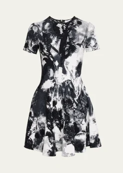 McQueenFloral Jacquard Short-Sleeve Mini Dress