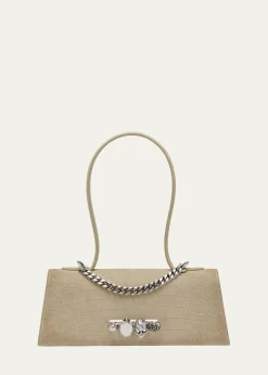 McQueenJewelled Croc-Embossed Suede Top-Handle Bag