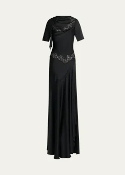 McQueenLace-Inset Draped Satin Evening Dress