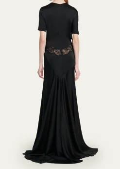 McQueenLace-Inset Draped Satin Evening Dress
