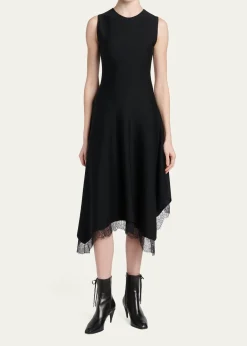 McQueenSleeveless Lace-Trim Asymmetric Handkerchief Midi Dress
