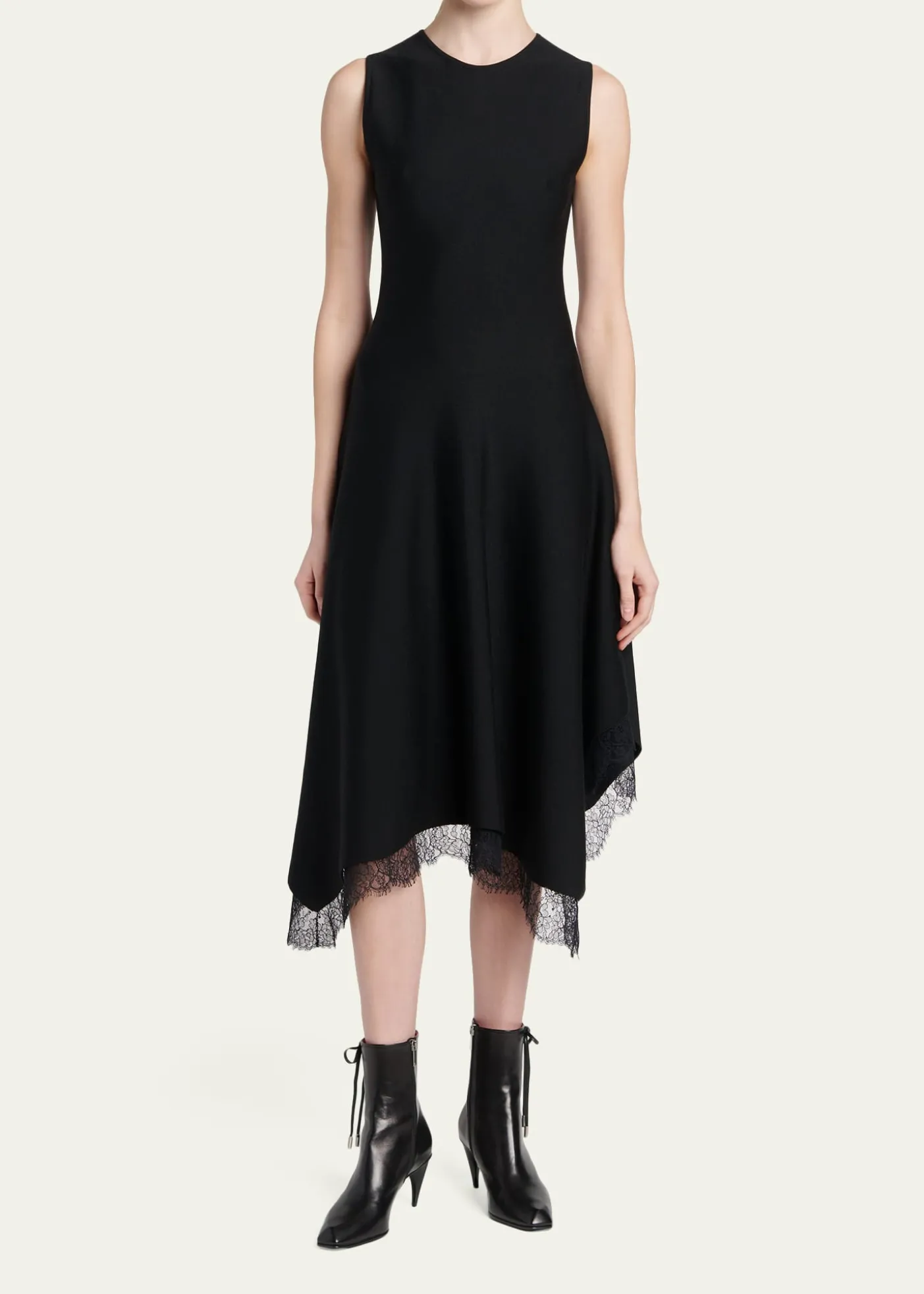 McQueenSleeveless Lace-Trim Asymmetric Handkerchief Midi Dress