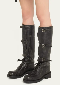 Miu MiuAntic Buckle Distressed Leather Knee-High Boots
