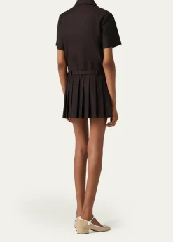 Miu MiuShort-Sleeve Pleated Mini Shirtdress With Belt
