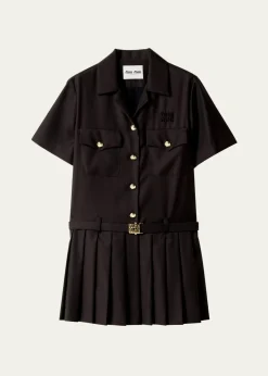 Miu MiuShort-Sleeve Pleated Mini Shirtdress With Belt