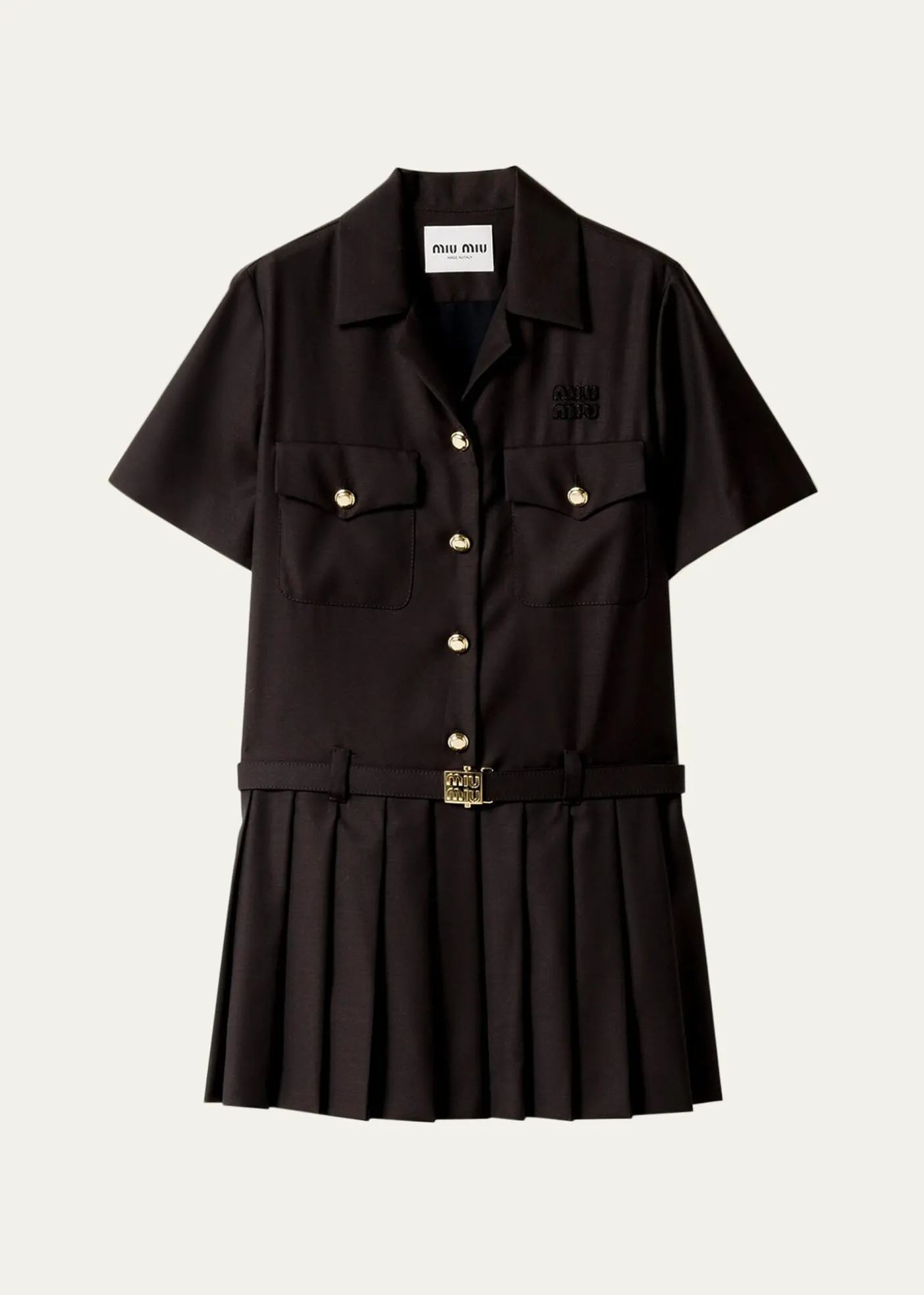 Miu MiuShort-Sleeve Pleated Mini Shirtdress With Belt