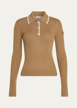 MonclerLong-Sleeve Rib-Knit Polo