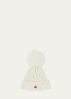 MonclerRibbed Logo Beanie with Faux Fur Pom