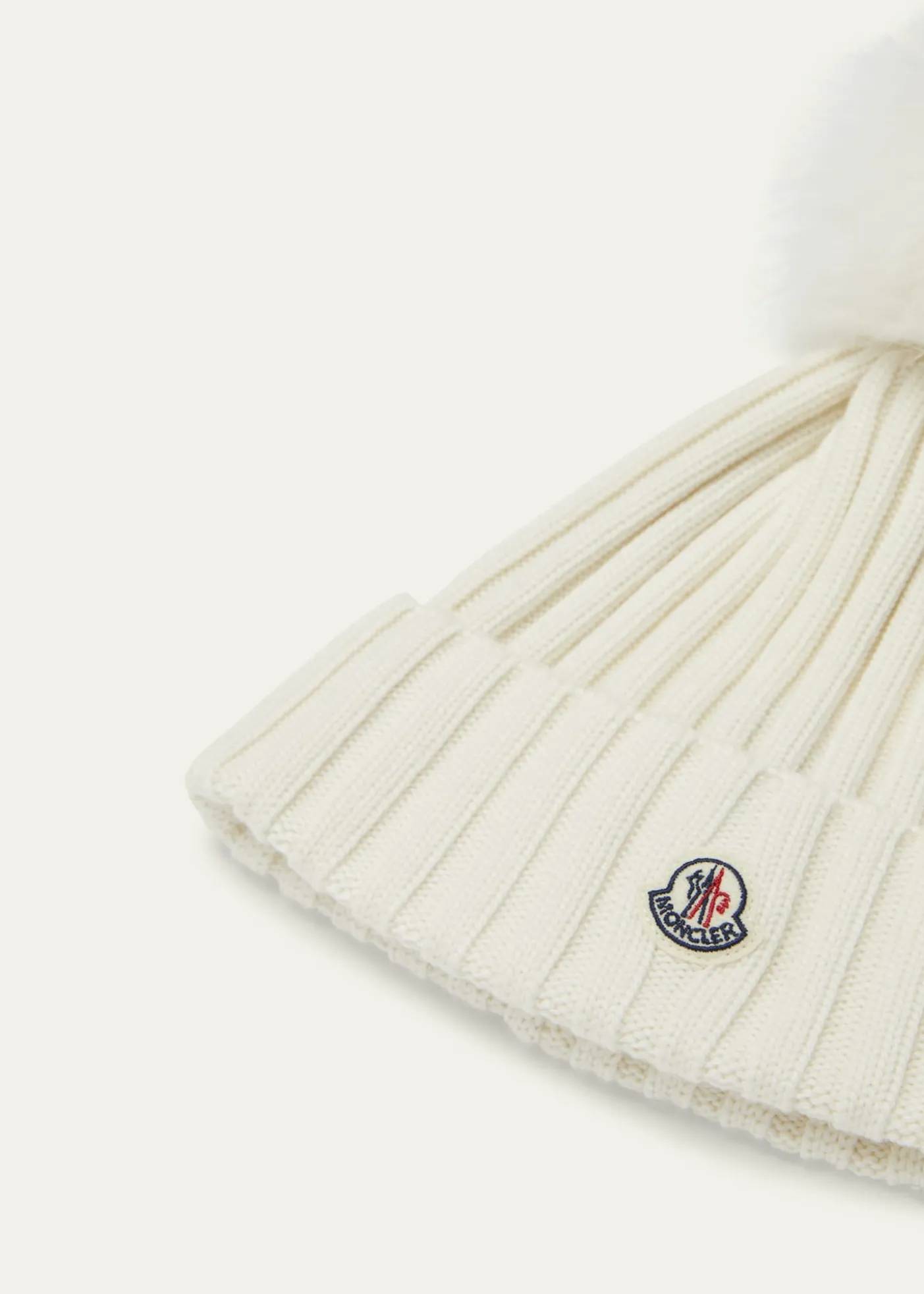 MonclerRibbed Logo Beanie with Faux Fur Pom