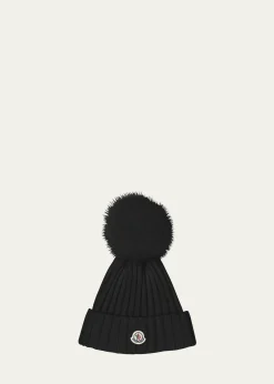 MonclerRibbed Logo Beanie with Faux Fur Pom