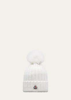 MonclerRibbed Wool Beanie with Faux Fur Pom