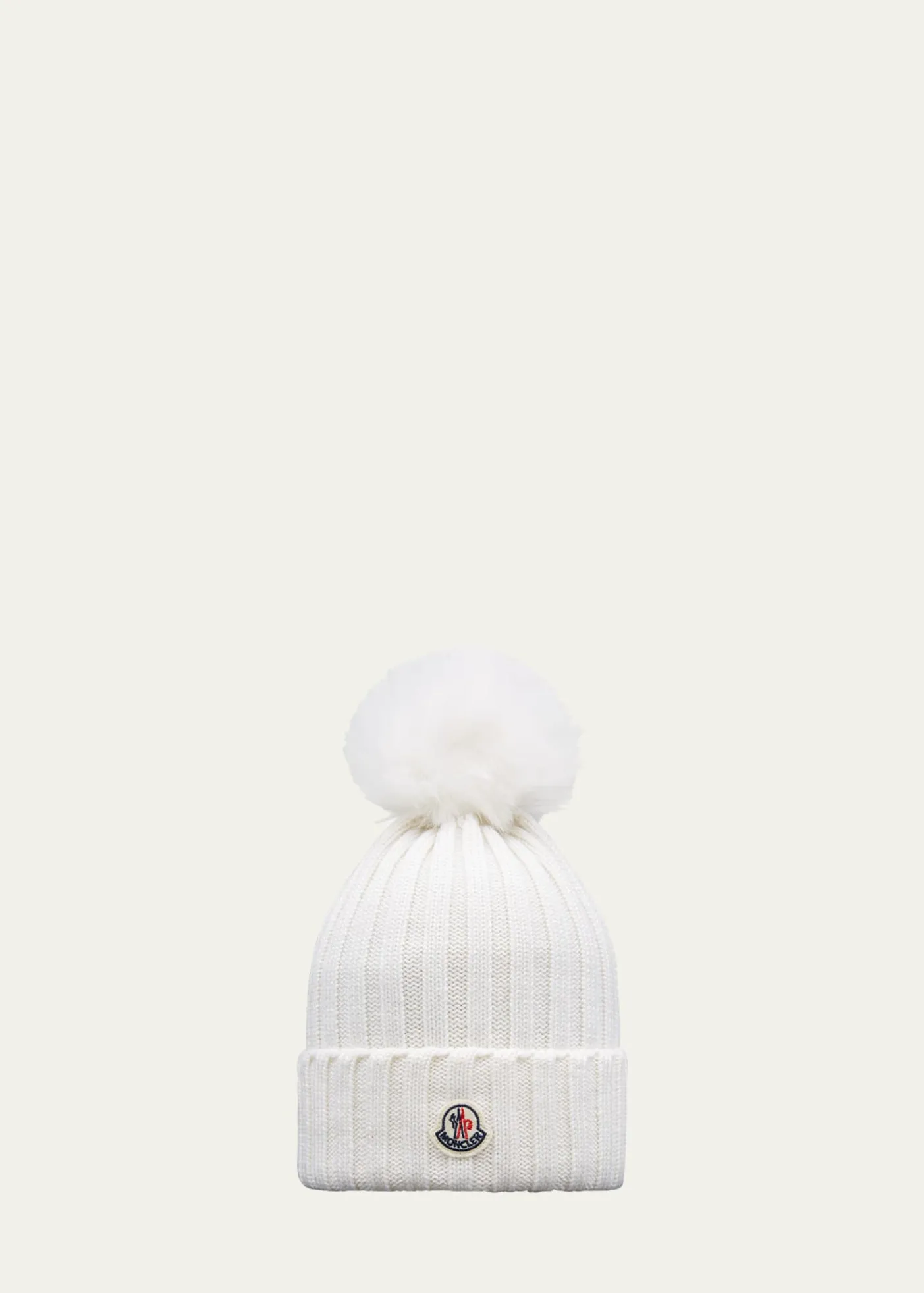 MonclerRibbed Wool Beanie with Faux Fur Pom
