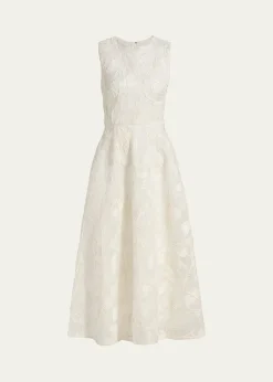 Monique LhuillierFloral Cord Embroidered Organza Midi Dress