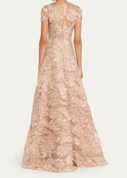 Naeem KhanFloral Raffia Embroidered Tulle Short-Sleeve Gown