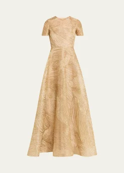 Naeem KhanMetallic Raffia Embroidered Short-Sleeve Gown