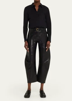 Nili LotanShon Leather Barrel-Leg Ankle Pants