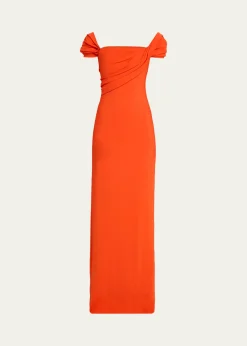 Oscar de la RentaCap-Sleeve Draped Cady Column Gown