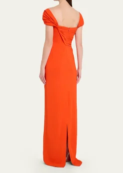 Oscar de la RentaCap-Sleeve Draped Cady Column Gown