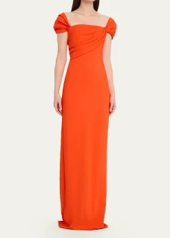 Oscar de la RentaCap-Sleeve Draped Cady Column Gown
