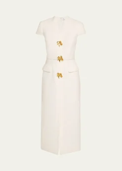 Oscar de la RentaCap-Sleeve Slub Tweed Buttoned Midi Day Dress
