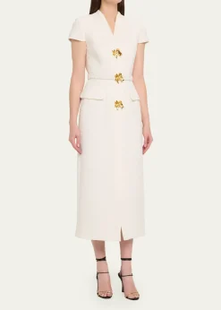 Oscar de la RentaCap-Sleeve Slub Tweed Buttoned Midi Day Dress