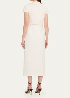 Oscar de la RentaCap-Sleeve Slub Tweed Buttoned Midi Day Dress