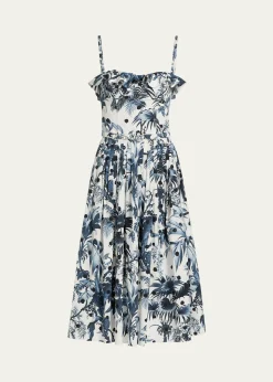 Oscar de la RentaDotted Palm-Print Ruffle Sleeveless Midi Dress With Belt