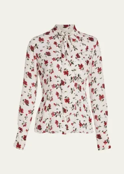 Oscar de la RentaHibiscus-Print Silk Neck-Scarf Blouse