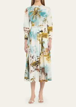 Oscar de la RentaLong-Sleeve Landscape-Print Cotton Poplin Midi Shirtdress With Belt