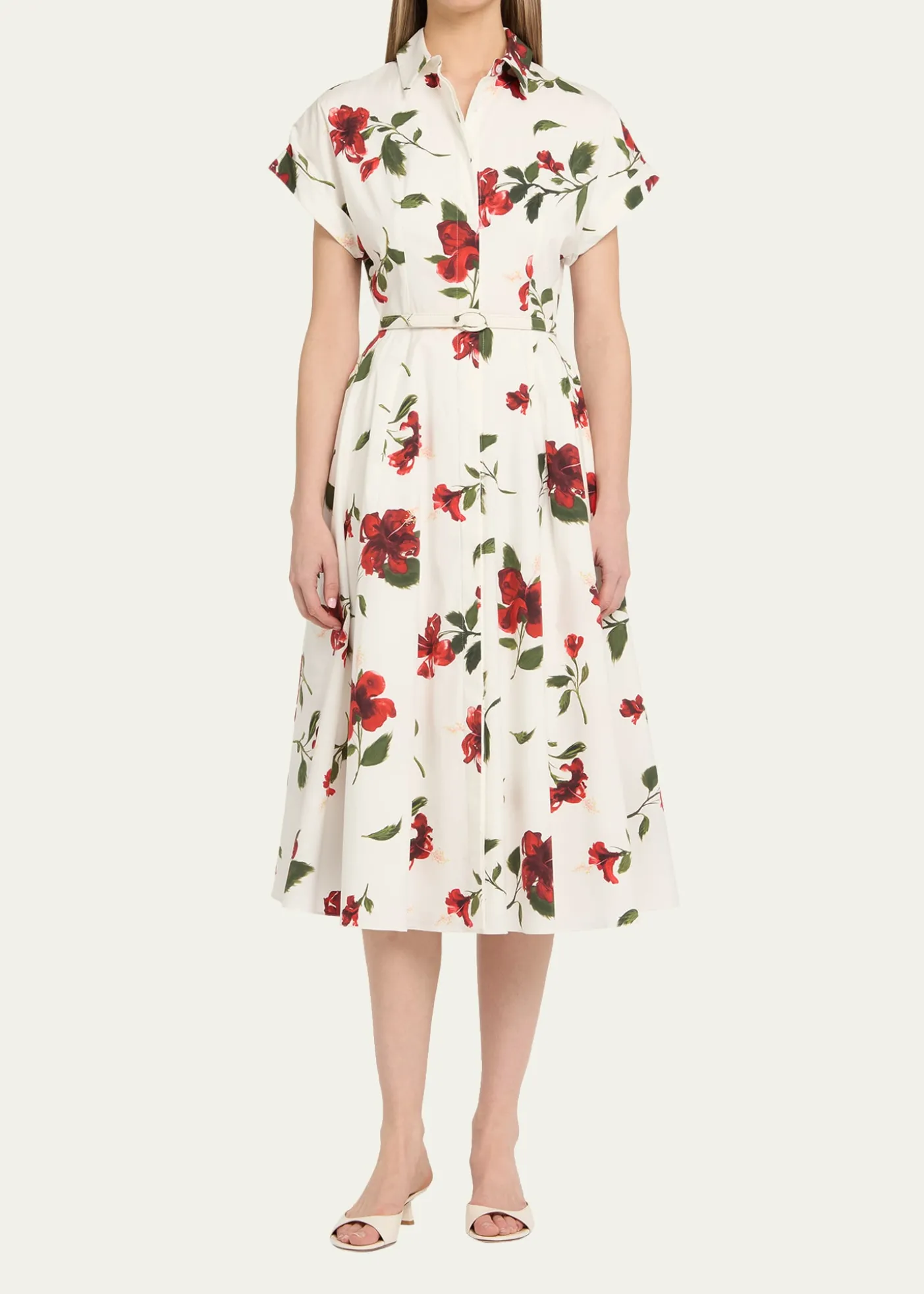 Oscar de la RentaShort-Sleeve Hibiscus Cotton Poplin Midi Shirtdress With Belt