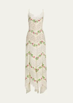 Oscar de la RentaSleeveless Chine Hibiscus Floral Chevron Maxi Dress