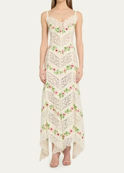Oscar de la RentaSleeveless Chine Hibiscus Floral Chevron Maxi Dress