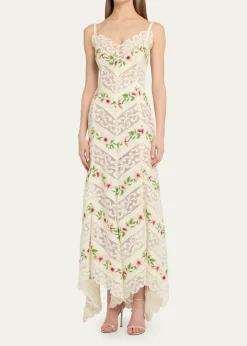 Oscar de la RentaSleeveless Chine Hibiscus Floral Chevron Maxi Dress