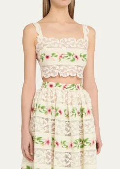 Oscar de la RentaSleeveless Chine Hibiscus-Print Lace-Trim Crop Top
