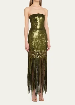Oscar de la RentaStrapless Sequined Fringe Maxi Dress