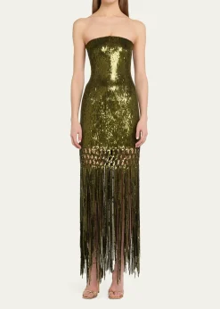 Oscar de la RentaStrapless Sequined Fringe Maxi Dress