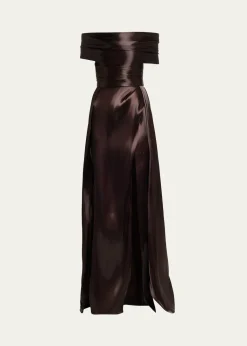 Pamella RolandLiquid Organza Off-The-Shoulder Slit Gown