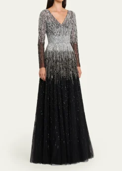 Pamella RolandOmbre Embroidered Tulle Long-Sleeve Gown
