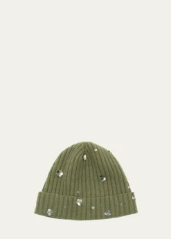 PortolanoSequin Floral Ribbed Cashmere Beanie
