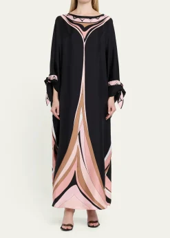 PucciFari-Print Silk Twill Tie-Cuff Caftan Dress