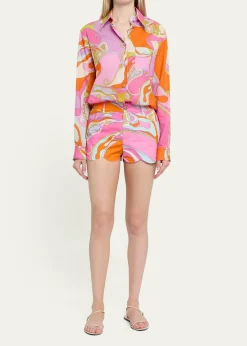 PucciTela Orchidee-Print Cotton Scalloped Shorts
