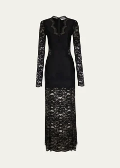 RabanneLong-Sleeve Stretch Lace Jersey Maxi Dress