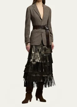 Ralph Lauren CollectionMetallic Leather Tiered Fringe Midi Skirt
