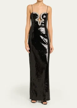 REBECCA VALLANCELyra Plunging Diamante Snake-Trim Sequin Gown