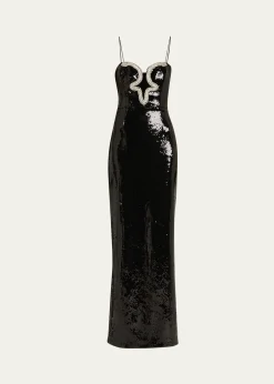 REBECCA VALLANCELyra Plunging Diamante Snake-Trim Sequin Gown