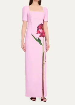 Rickie Freeman for Teri JonBeaded Floral-Print Crepe Column Gown
