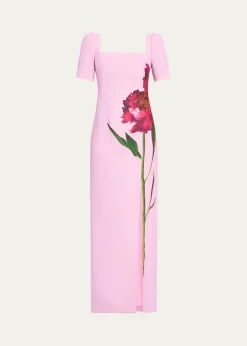 Rickie Freeman for Teri JonBeaded Floral-Print Crepe Column Gown