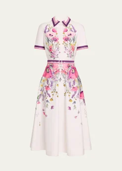 Rickie Freeman for Teri JonBelted Floral-Print Cotton Midi Shirtdress