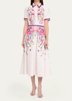 Rickie Freeman for Teri JonBelted Floral-Print Cotton Midi Shirtdress